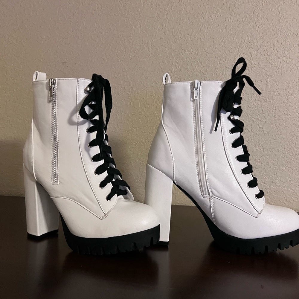 Brand new white combat boots with heel and small platform